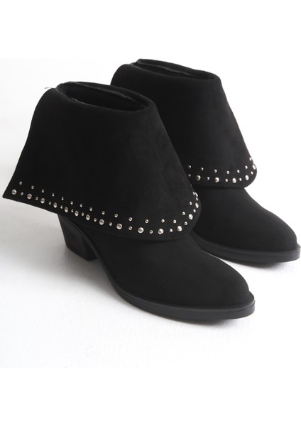 Siyah Süet Kadın Bot Çizme Metal Aksesuarlı Western Kovboy Mira
