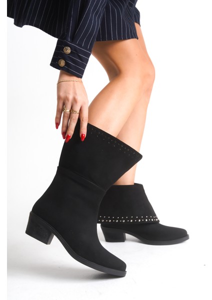 Siyah Süet Kadın Bot Çizme Metal Aksesuarlı Western Kovboy Mira