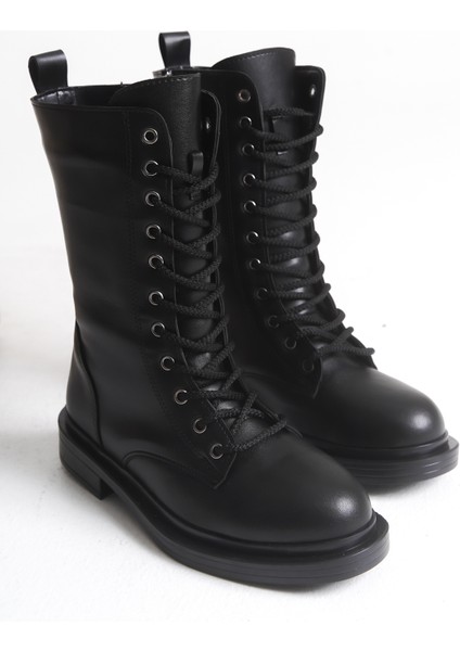 Siyah Deri Kadın Bot Postal Hanna Bağcıklı Içten Fermuarlı Kalın Tabanlı Su Geçirmez indirimleri