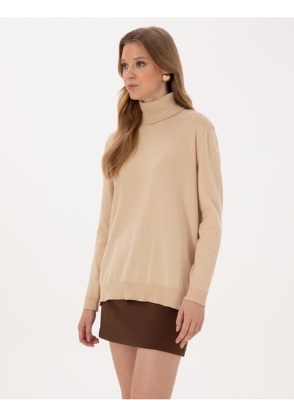 Kadın Bej Comfort Fit Tam Balıkçı Yaka Basic Kazak 50316385-VR011