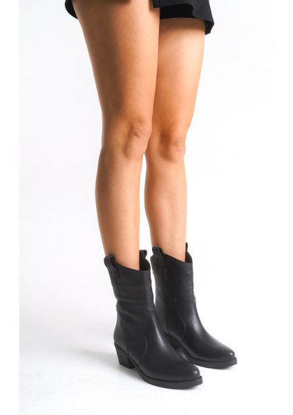 Siyah Deri Kadın Bot Western Kovboy Kaymaz Taban Kalın Topuklu Gloria