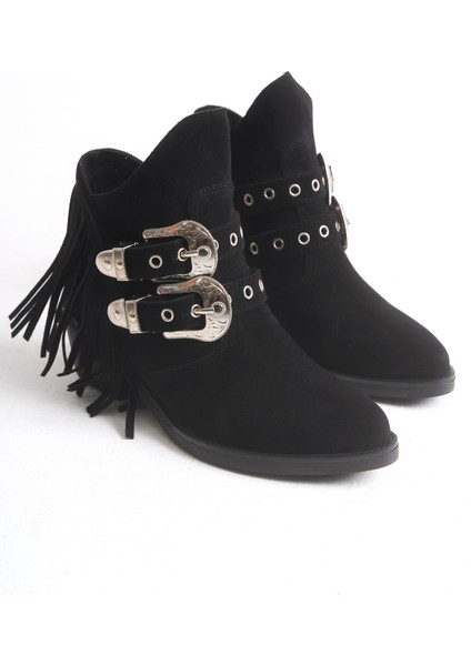 Kadın Bot Western Kovboy Siyah Süet Püsküllü Metal Tokalı Metal Zımba Detaylı Berry