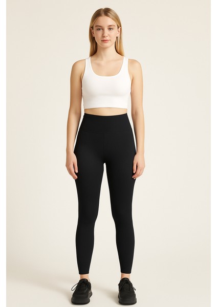 Kadın Fitilli Miflonlu Tayt | Yüksek Bel – Siyah