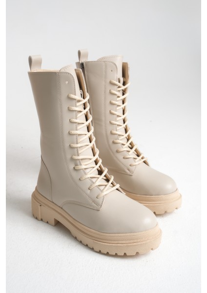 Bej Rengi Deri Kadın Bot Postal Mia Bağcıklı Içten Fermuarlı Kalın Tabanlı Su Geçirmez fiyatları