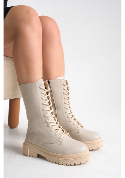 Bej Rengi Deri Kadın Bot Postal Mia Bağcıklı Içten Fermuarlı Kalın Tabanlı Su Geçirmez indirimleri