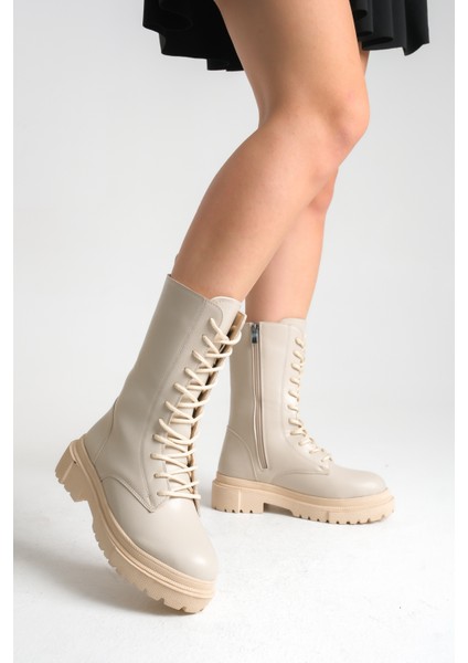 Bej Rengi Deri Kadın Bot Postal Mia Bağcıklı Içten Fermuarlı Kalın Tabanlı Su Geçirmez