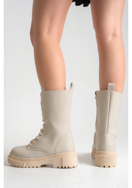 Bej Rengi Deri Kadın Bot Postal Mia Bağcıklı Içten Fermuarlı Kalın Tabanlı Su Geçirmez