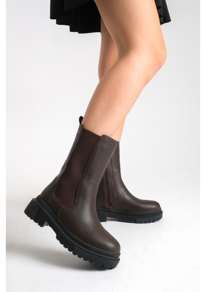 Kahverengi Deri Kısa Kadın Postal Bot Lastikli Kalın Tabanlı Su Geçirmez Harper modelleri