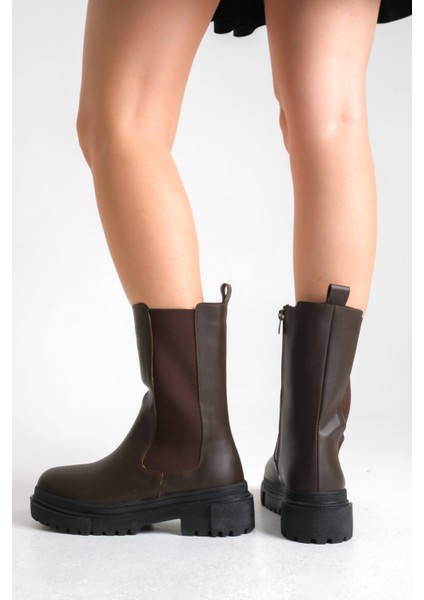 Kahverengi Deri Kısa Kadın Postal Bot Lastikli Kalın Tabanlı Su Geçirmez Harper fırsatları