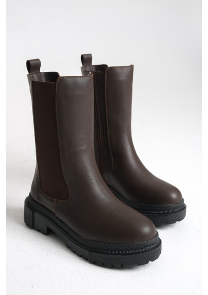 Kahverengi Deri Kısa Kadın Postal Bot Lastikli Kalın Tabanlı Su Geçirmez Harper indirimleri