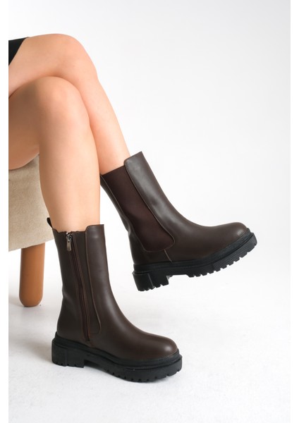 Kahverengi Deri Kısa Kadın Postal Bot Lastikli Kalın Tabanlı Su Geçirmez Harper