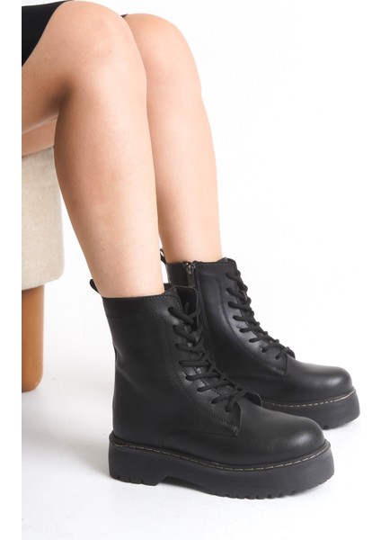 Siyah Deri Kadın Bot Postal Martines Bağcıklı Içten Fermuarlı Kalın Tabanlı Su Geçirmez fiyatları