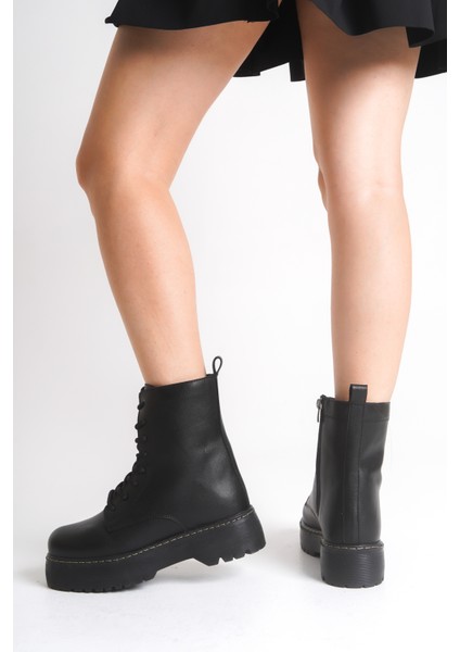 Siyah Deri Kadın Bot Postal Martines Bağcıklı Içten Fermuarlı Kalın Tabanlı Su Geçirmez fırsatları