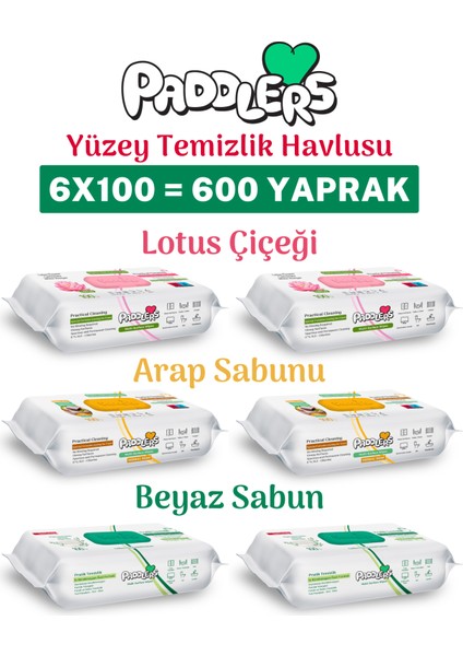 Easy Clean Lotus Çiçeği & Arap Sabunu & Beyaz Sabun Katkılı Yüzey Temizlik Havlusu 6X100 (600 Yaprak)
