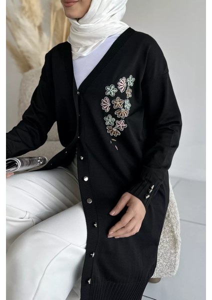 Ön Düğmeli V Yaka Nakışlı Tesettür Triko Hırka P-00019049