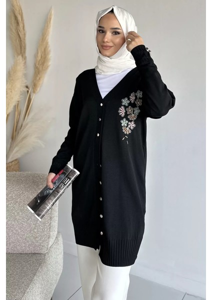 Ön Düğmeli V Yaka Nakışlı Tesettür Triko Hırka P-00019049 fiyatları