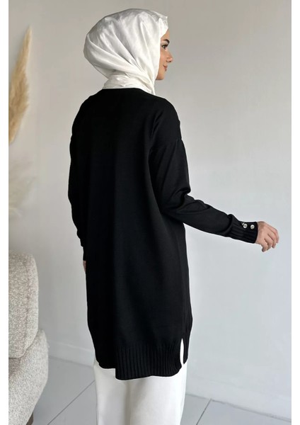 Ön Düğmeli V Yaka Nakışlı Tesettür Triko Hırka P-00019049 modelleri