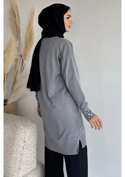 Ön Düğmeli V Yaka Nakışlı Tesettür Triko Hırka P-00019049 modelleri