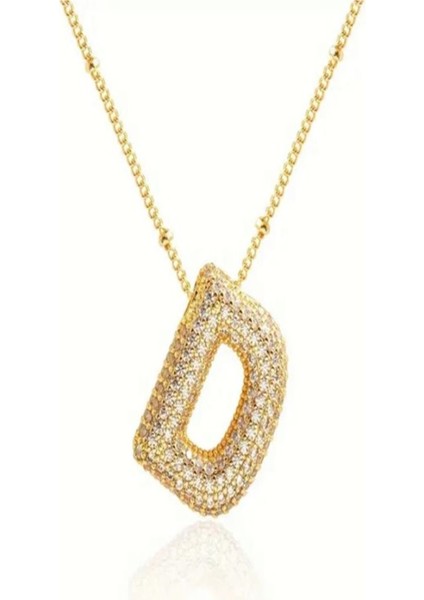 Kadın Çelik Gold Taşlı Balon Harf Kolye ( D Harfi )