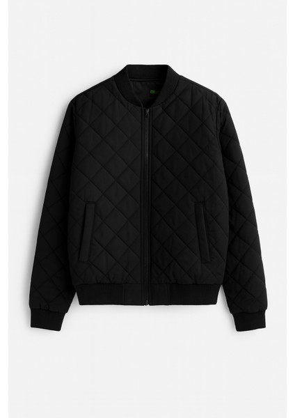 Erkek Siyah Kolej Yaka Rüzgar Geçirmez Kapitone Desenli Elyaflı Mevsimlik Mont