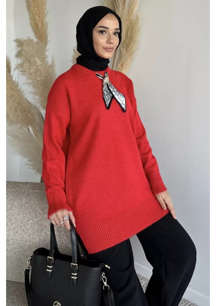 Bisiklet Yaka Fularlı Tesettür Triko Tunik P-00019203