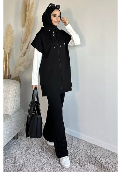 Fermuarlı Kapüşonlu Yelek Tunik Pantolon Tesettür Üçlü Takım P-00019187