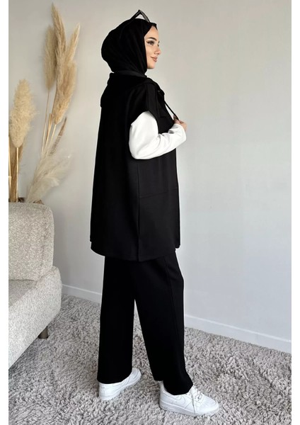 Fermuarlı Kapüşonlu Yelek Tunik Pantolon Tesettür Üçlü Takım P-00019187 fırsatları