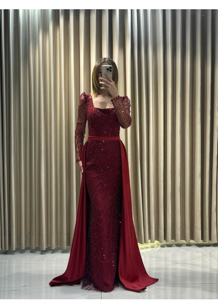 Bordo Boncuk İşlemeli Uzun Kollu Pelerinli Abiye Elbise 5463 fiyatları