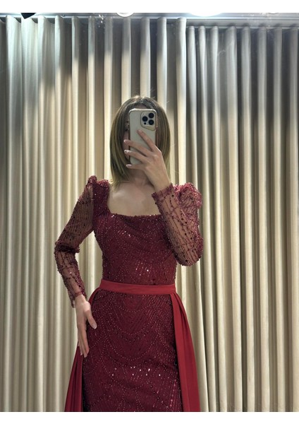 Bordo Boncuk İşlemeli Uzun Kollu Pelerinli Abiye Elbise 5463 modelleri