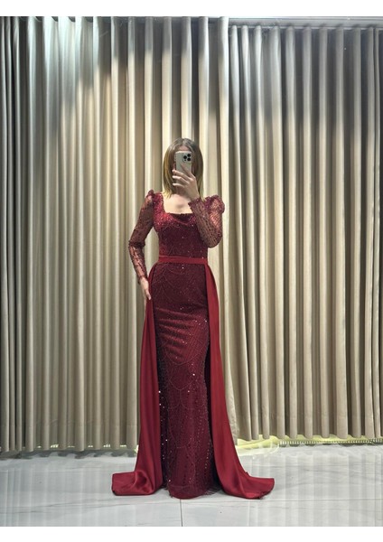 Bordo Boncuk İşlemeli Uzun Kollu Pelerinli Abiye Elbise 5463 fırsatları