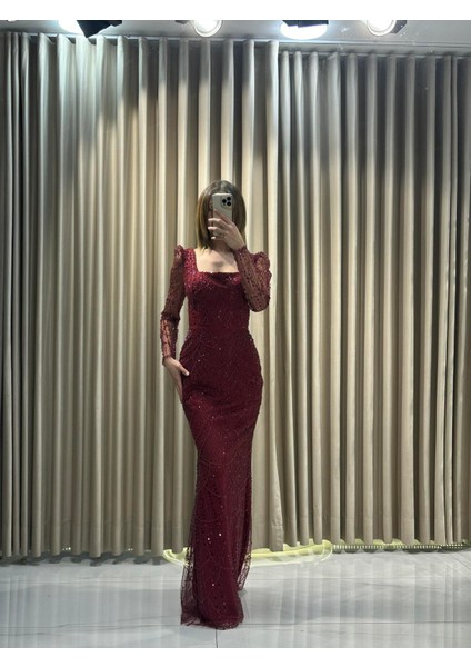 Bordo Boncuk İşlemeli Uzun Kollu Pelerinli Abiye Elbise 5463 indirimleri