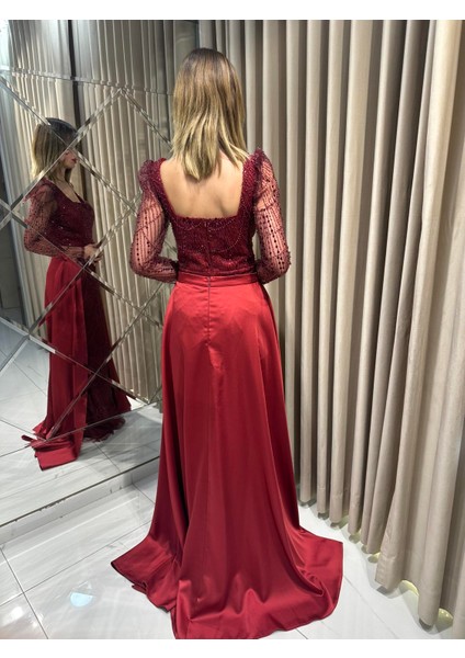Bordo Boncuk İşlemeli Uzun Kollu Pelerinli Abiye Elbise 5463