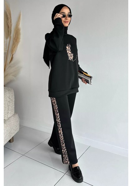 Leopar Desenli Kadın Tesettür Tunik Pantolon Ikili Takım P-00019102