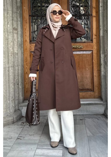 Ön Düğmeli Bel Kuşak Detaylı Tesettür Trençkot P-00019235 fiyatları