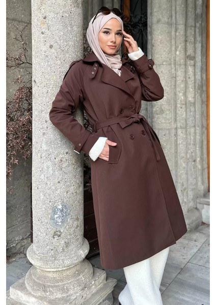 Ön Düğmeli Bel Kuşak Detaylı Tesettür Trençkot P-00019235 modelleri