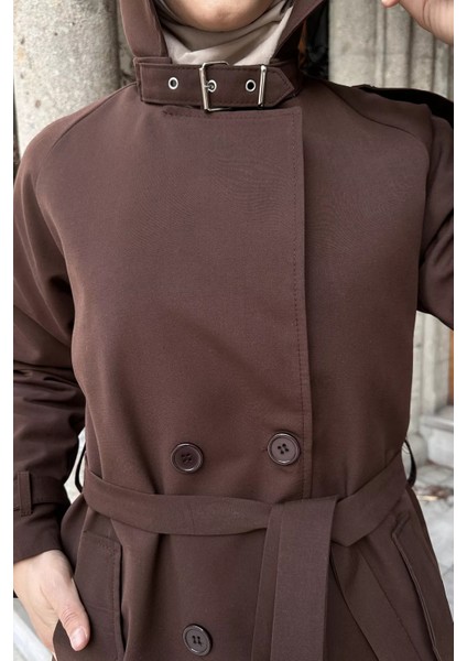 Ön Düğmeli Bel Kuşak Detaylı Tesettür Trençkot P-00019235 fırsatları