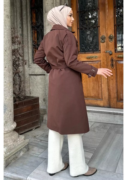 Ön Düğmeli Bel Kuşak Detaylı Tesettür Trençkot P-00019235 indirimleri