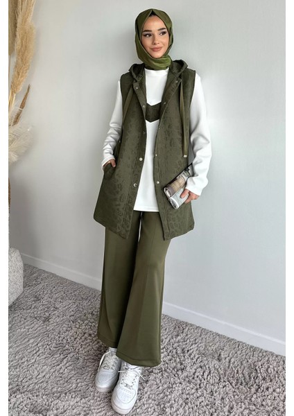 Kapüşonlu Yelek Tunik Pantolon Tesettür Üç Lü Takım P-00019144