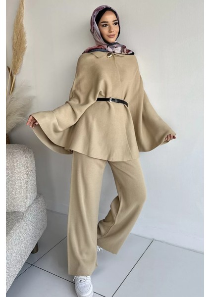 Gülseli Kadın Gold Düğmeli Kemer Detaylı Triko Panço Pantolon Tesettür Ikili Takım P-00019028