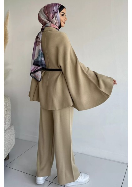 Gülseli Kadın Gold Düğmeli Kemer Detaylı Triko Panço Pantolon Tesettür Ikili Takım P-00019028 modelleri