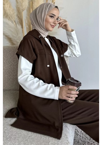 Fermuarlı Kapüşonlu Yelek Tunik Pantolon Tesettür Üçlü Takım P-00019187