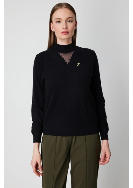 Yakası Tül Detaylı Pamuklu Triko Kazak 60342-26K