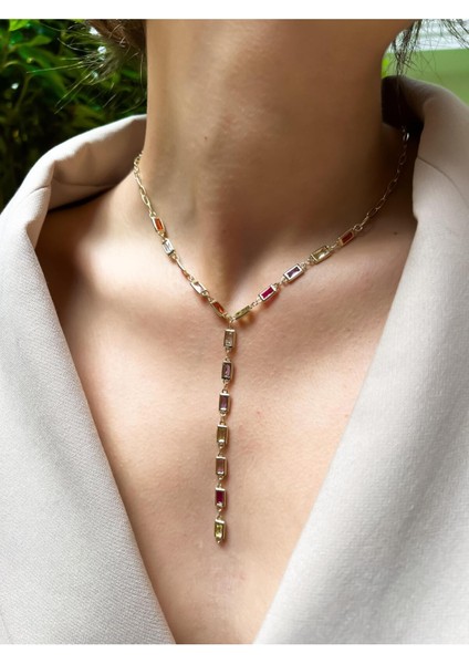 Dikdörtgen Zirkon Taşlı Y Kolye – 14 Ayar Altın Kaplama