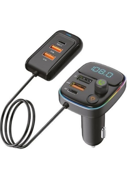 Pd 30W Hızlı Şarj & Rgb LED Işıklı Araç Fm Transmitter | 6 Multi-Port | 5V 3.1A USB | 1m Kablolu