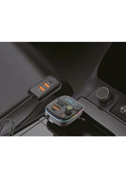 Pd 30W Hızlı Şarj & Rgb LED Işıklı Araç Fm Transmitter | 6 Multi-Port | 5V 3.1A USB | 1m Kablolu