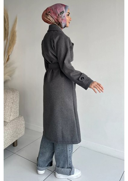 Çift Cepli Bel Kuşak Detaylı Tesettür Kaşe Kaban P-00018940 modelleri