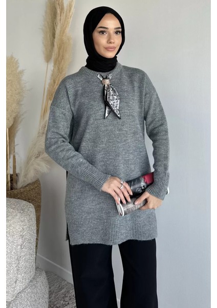 Bisiklet Yaka Fularlı Tesettür Triko Tunik P-00019203