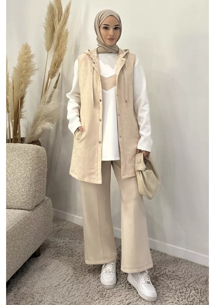 Kapüşonlu Yelek Tunik Pantolon Tesettür Üç Lü Takım P-00019144