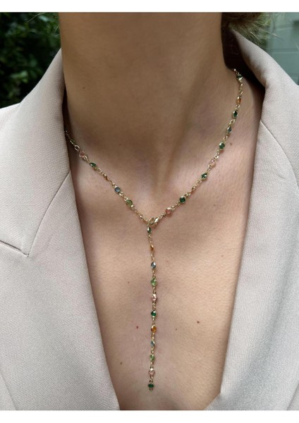 Renkli Zirkon Taşlı Y Kolye - 14 Ayar Altın Kaplama