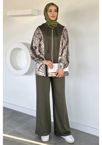 Dijital Baskılı Kapüşonlu Tunik Bel Lastikli Pantolon Tesettür Ikili Takım P-00019239